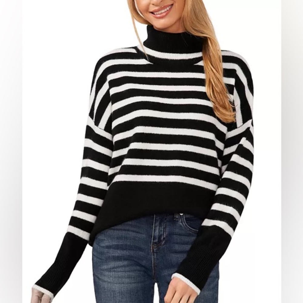 Nordstrom CeCe Black & White Striped Turtleneck Sweater - Medium NWOT